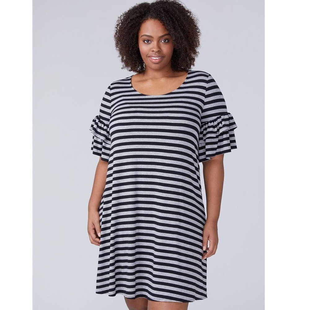 Stripe Jersey T-Shirt Dress w/Tier Ruffle Sleeves